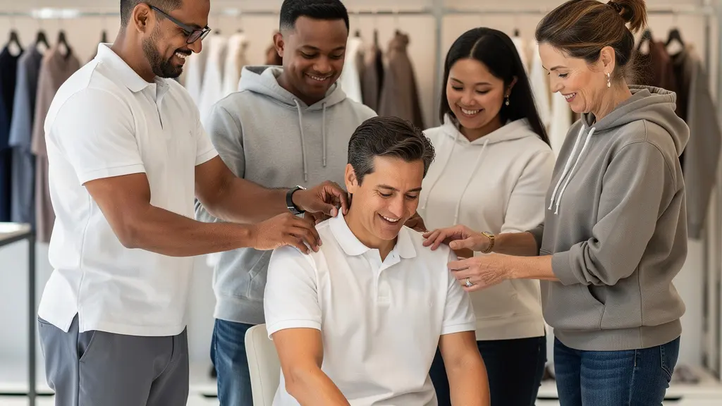 Équipe diverse essayant différentes tailles de vêtements personnalisés dans un espace lumineux