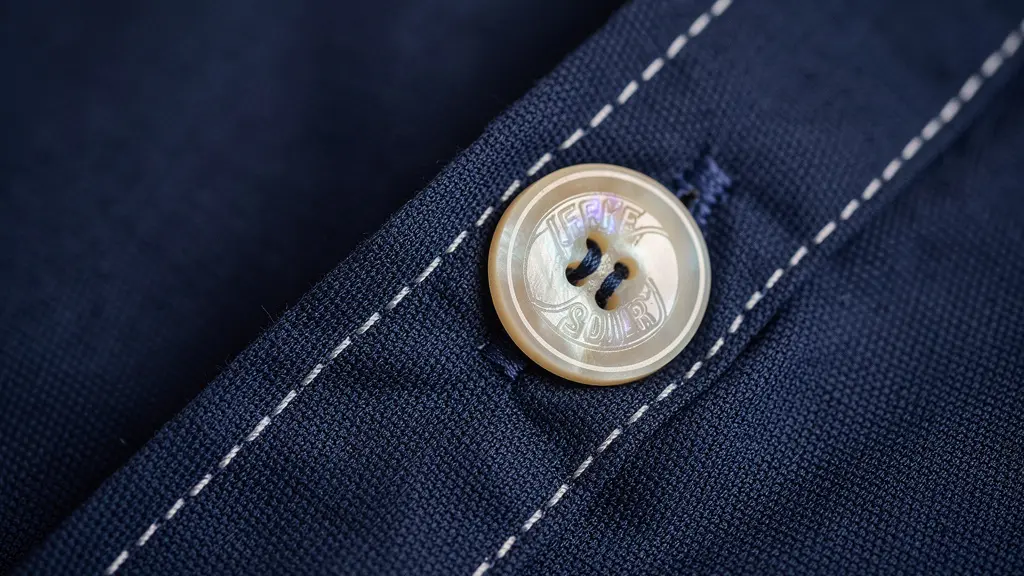 Détail macro d'une chemise bleue avec surpiqûres contrastées et bouton personnalisé