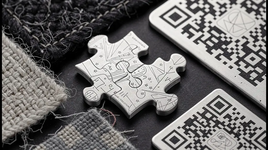 Composition flat-lay d'éléments de kit presse avec puzzle métallique, textures variées et QR code gravé