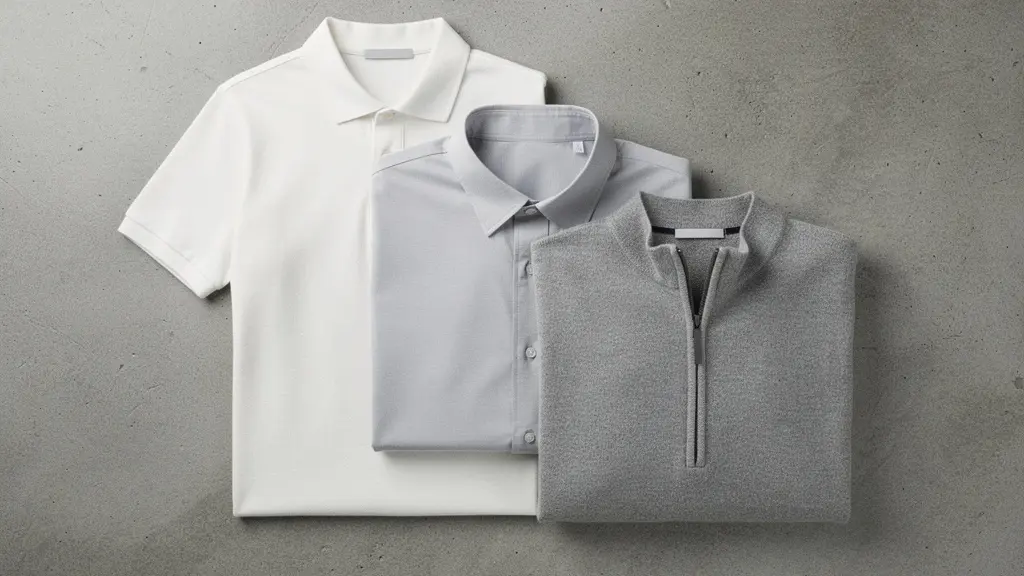 Composition minimaliste de vêtements d'entreprise disposés en layers sur surface neutre
