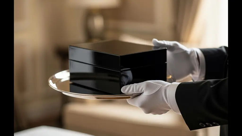 Mains gantées de blanc tenant délicatement un coffret noir sur un plateau argenté, environnement luxueux flou en arrière-plan