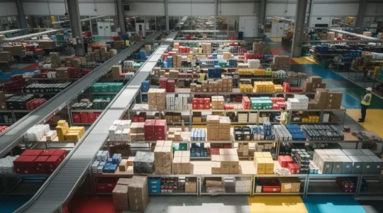 Vue aérienne d'un centre logistique moderne avec des palettes d'objets promotionnels organisés de manière méthodique