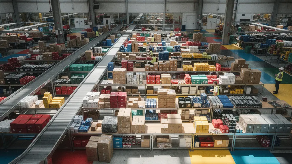 Vue aérienne d'un centre logistique moderne avec des palettes d'objets promotionnels organisés de manière méthodique