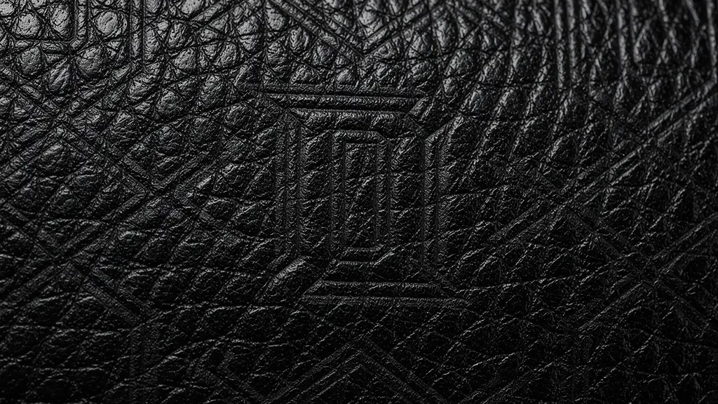 Détail macro d'un marquage ton sur ton sur cuir noir avec jeu de lumière