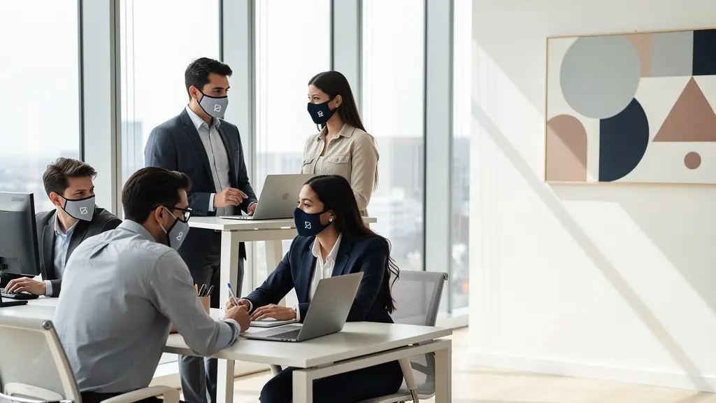Équipe professionnelle en uniforme portant des masques personnalisés avec logo discret