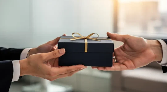 Une main tendant un coffret élégant en arrière-plan flou avec une lumière douce