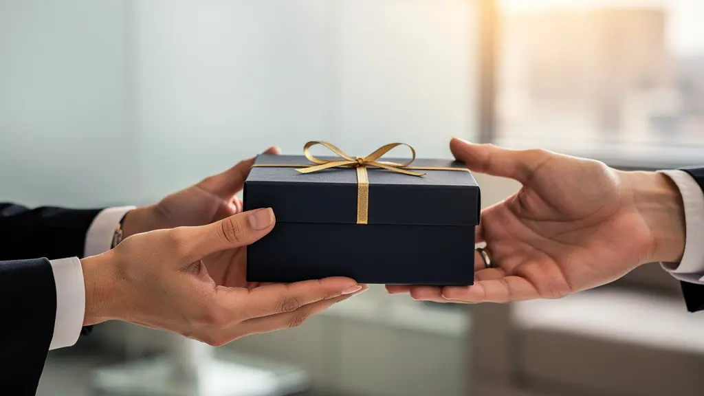 Une main tendant un coffret élégant en arrière-plan flou avec une lumière douce