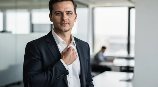 Homme d'affaires moderne ajustant son col de chemise dans un environnement professionnel épuré