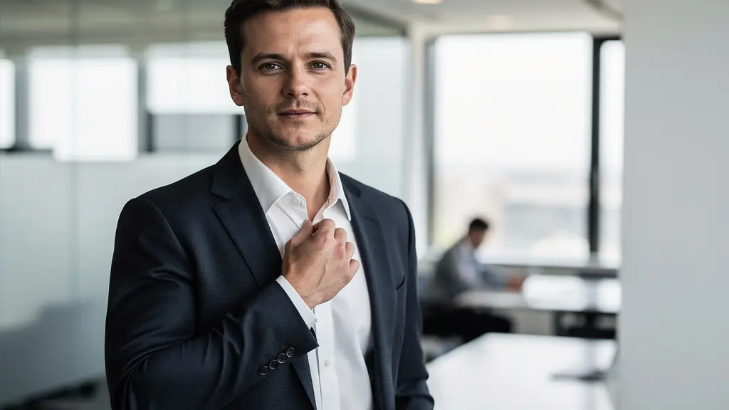 Homme d'affaires moderne ajustant son col de chemise dans un environnement professionnel épuré
