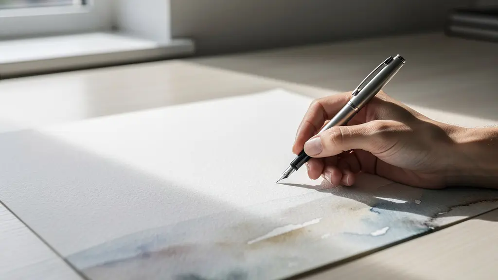 Main écrivant avec un stylo plume sur du papier texturé haut de gamme, symbolisant l'effort personnel.