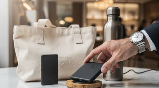 Objets promotionnels élégants avec composition de cadeaux d'entreprise et ambiance shopping