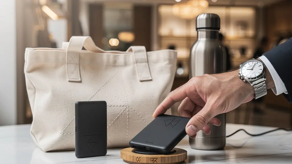 Objets promotionnels élégants avec composition de cadeaux d'entreprise et ambiance shopping