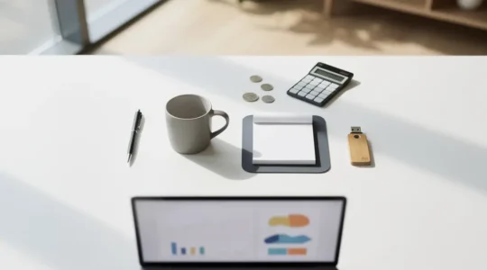 Vue stratégique d'objets promotionnels variés sur un bureau moderne avec analyse du retour sur investissement
