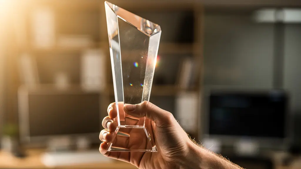 Main tenant un trophée en cristal avec des reflets lumineux symbolisant la reconnaissance professionnelle