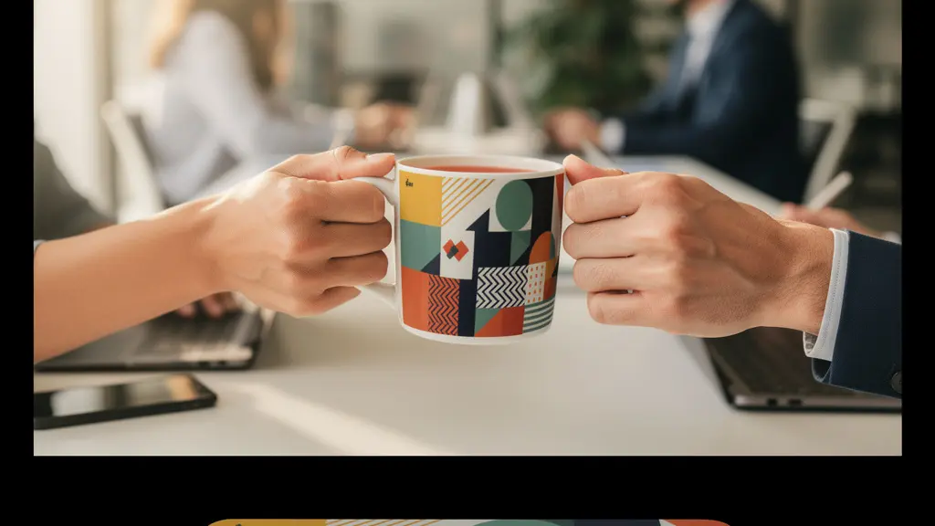 Espace de travail moderne avec mug personnalisé et tapis de souris comme supports de communication interne