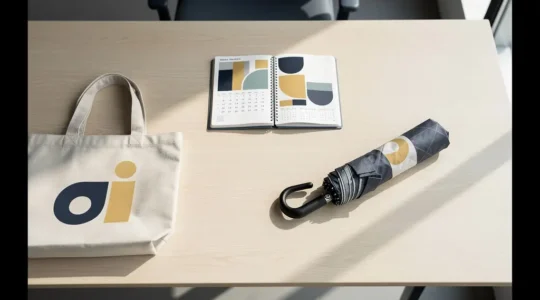 Vue aérienne d'un bureau professionnel avec calendrier mural, parapluie de marque et sac personnalisé disposés stratégiquement