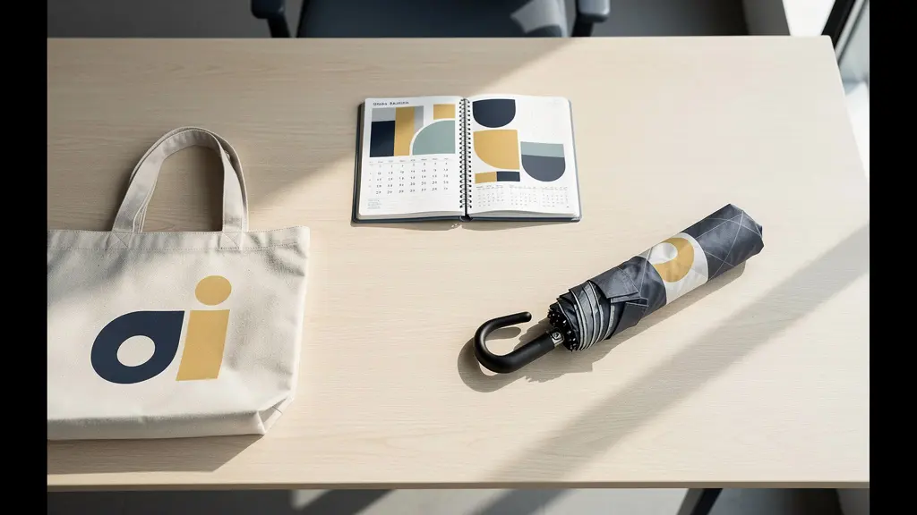 Vue aérienne d'un bureau professionnel avec calendrier mural, parapluie de marque et sac personnalisé disposés stratégiquement