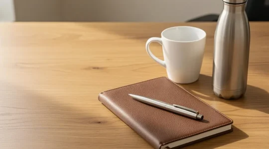 Objets promotionnels haut de gamme disposés sur un bureau professionnel en bois naturel