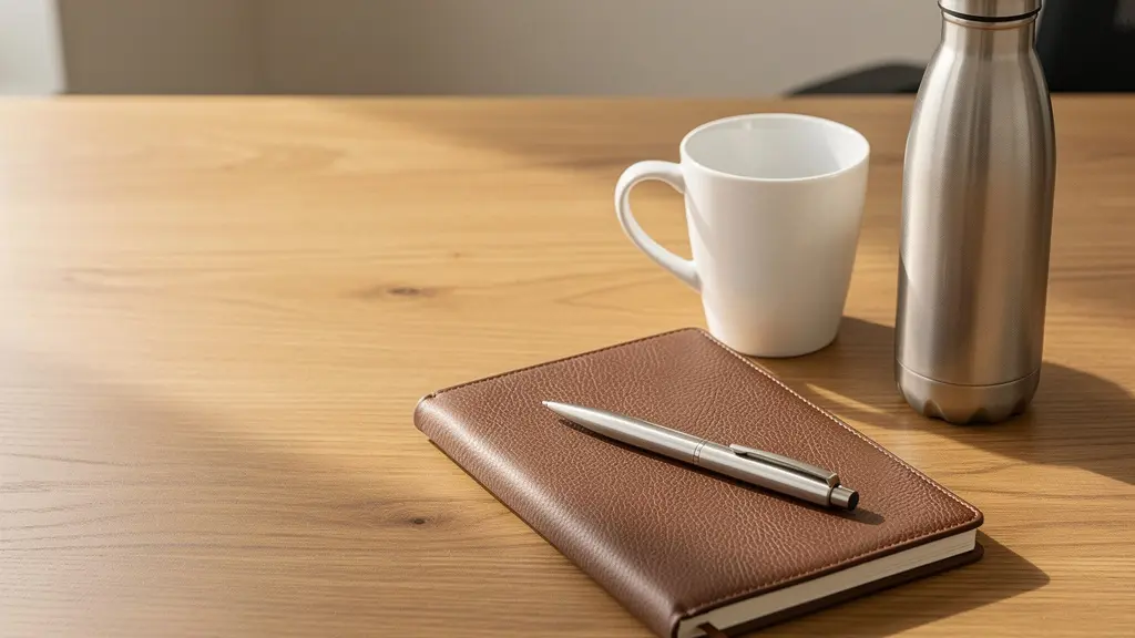 Objets promotionnels haut de gamme disposés sur un bureau professionnel en bois naturel