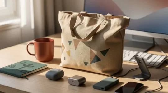 Vue artistique d'objets promotionnels créatifs disposés stratégiquement sur un bureau moderne, capturant l'essence du marketing viral