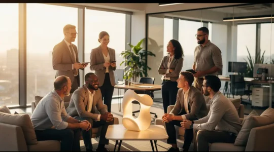 Groupe de professionnels rassemblés autour d'un objet central dans un environnement de bureau moderne