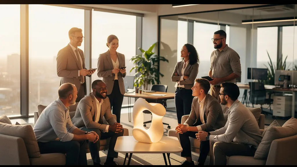 Groupe de professionnels rassemblés autour d'un objet central dans un environnement de bureau moderne