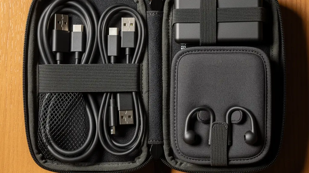 Pochette tech organisée avec accessoires de télétravail rangés méthodiquement