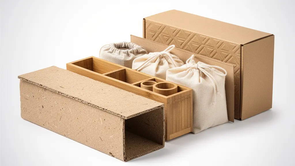 Packaging créatif avec différentes textures et matériaux disposés en cascade révélant progressivement le produit
