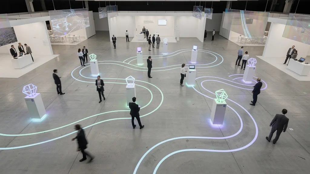 Vue aérienne d'un salon professionnel avec des zones lumineuses colorées marquant les points d'interaction