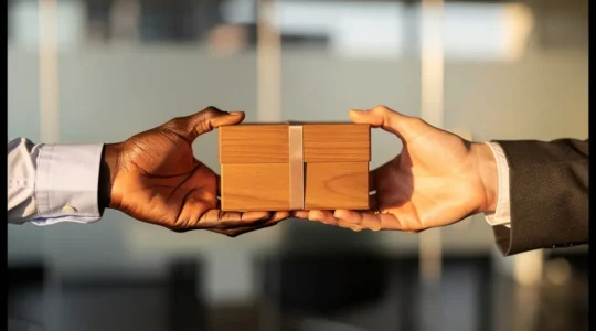 Deux mains professionnelles échangent un coffret cadeau élégant dans un environnement d'affaires moderne