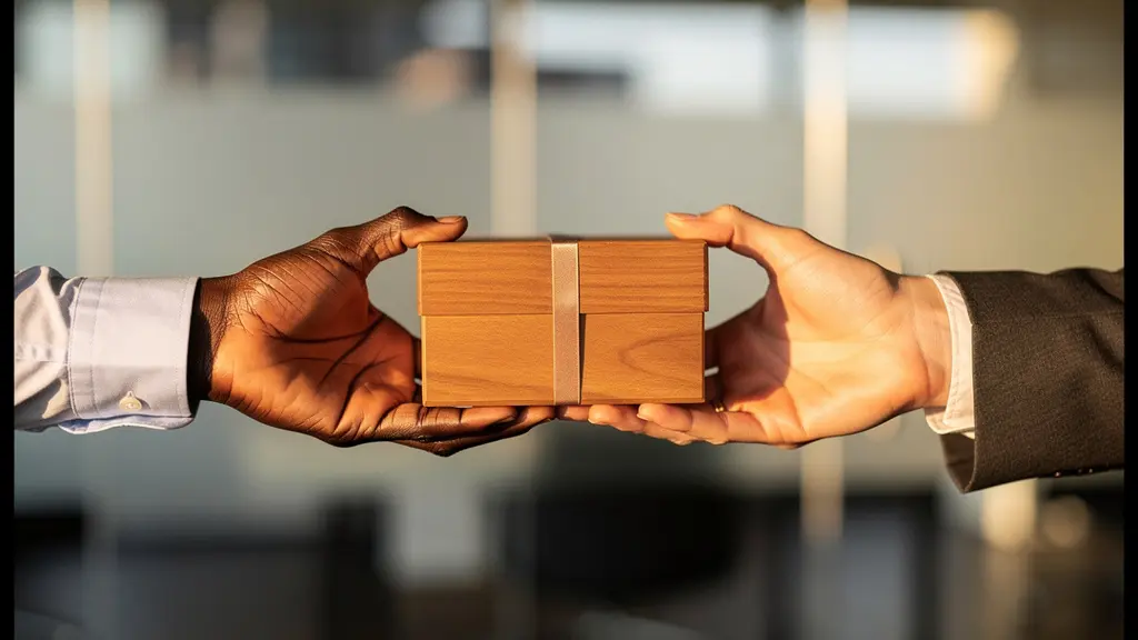 Deux mains professionnelles échangent un coffret cadeau élégant dans un environnement d'affaires moderne