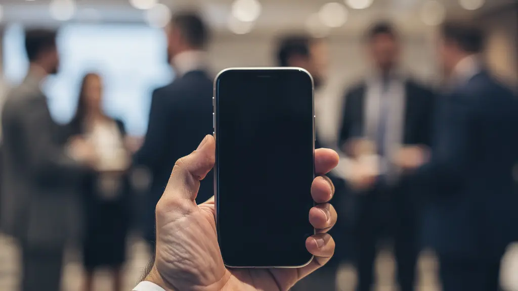 Main tenant un smartphone montrant l'arrière de l'appareil avec participants de conférence en arrière-plan