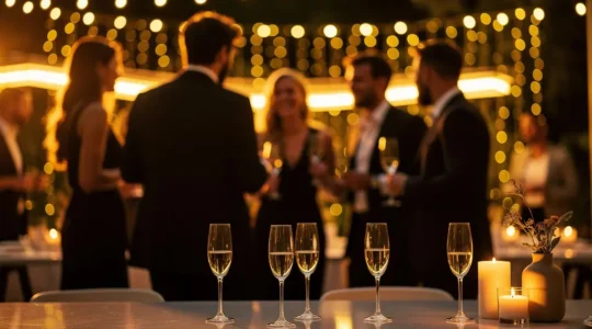 Invités festifs dans une ambiance de soirée élégante avec un éclairage tamisé et des souvenirs qui se créent