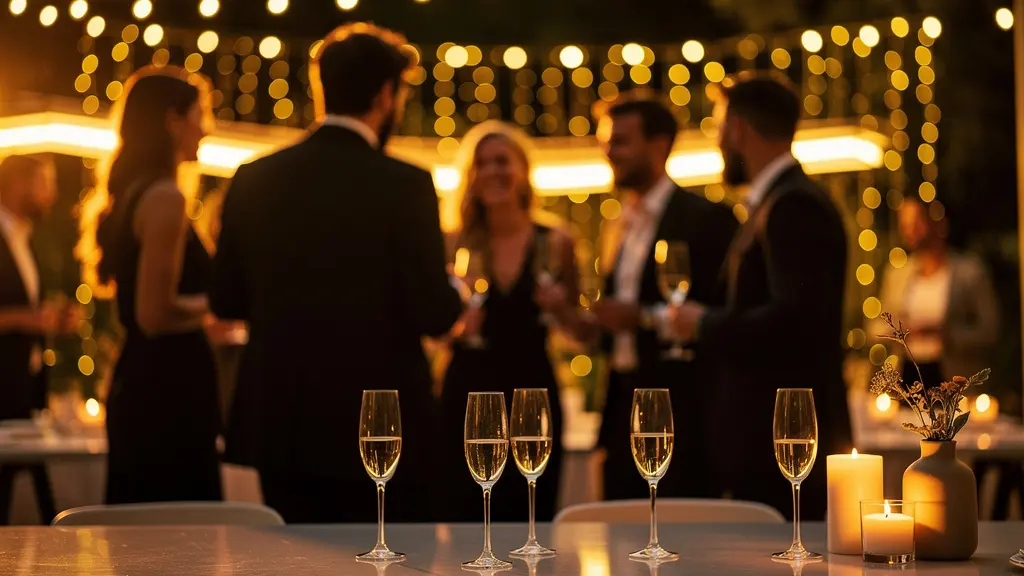 Invités festifs dans une ambiance de soirée élégante avec un éclairage tamisé et des souvenirs qui se créent