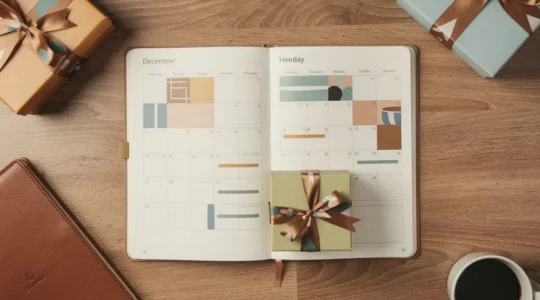 Vue d'ensemble d'un bureau moderne avec calendrier de décembre, boîtes cadeaux d'entreprise et éléments de planification logistique