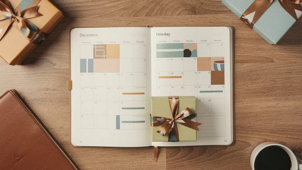 Vue d'ensemble d'un bureau moderne avec calendrier de décembre, boîtes cadeaux d'entreprise et éléments de planification logistique