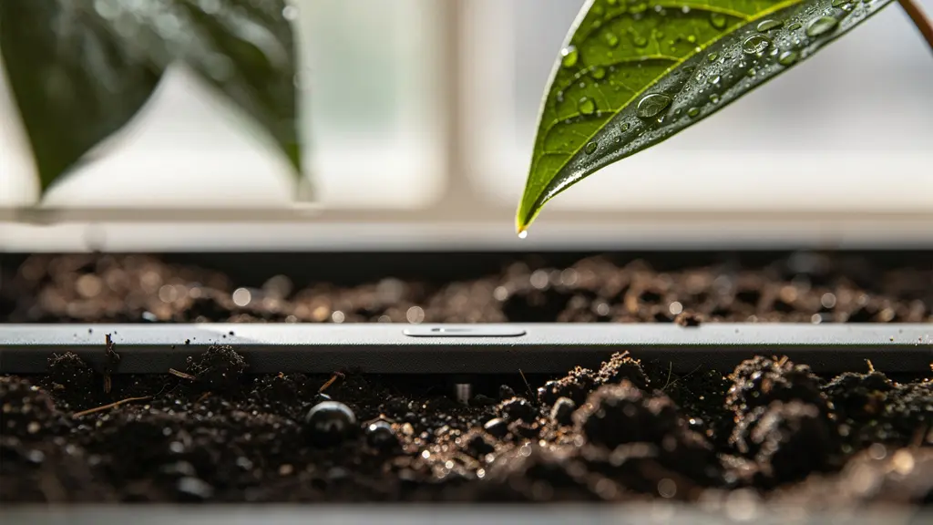 Pot de fleur connecté avec capteurs intégrés dans un environnement de bureau moderne