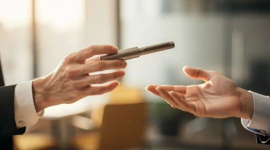 Échange symbolique entre deux mains professionnelles avec un objet premium en suspension
