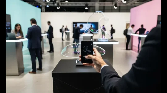 Stand d'exposition moderne avec visiteurs interagissant via smartphone NFC avec des bornes connectées