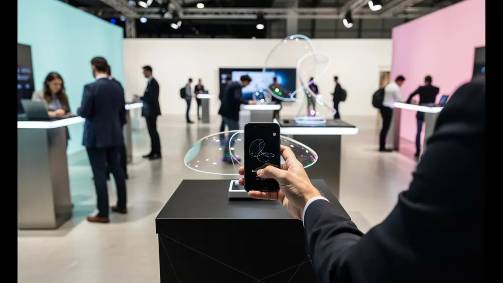 Stand d'exposition moderne avec visiteurs interagissant via smartphone NFC avec des bornes connectées