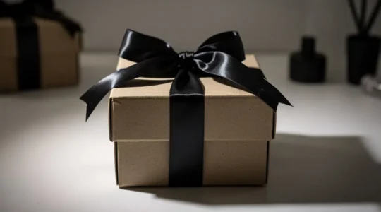 Boîte mystérieuse élégante enveloppée de papier kraft avec ruban noir, éclairage dramatique créant des ombres intrigantes