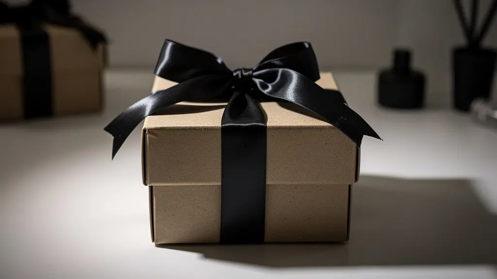 Boîte mystérieuse élégante enveloppée de papier kraft avec ruban noir, éclairage dramatique créant des ombres intrigantes