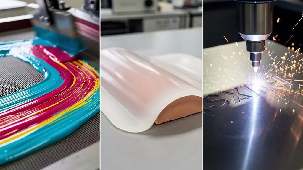 Vue comparative de trois techniques de marquage sur différents supports : sérigraphie sur textile, tampographie sur stylo et gravure laser sur métal