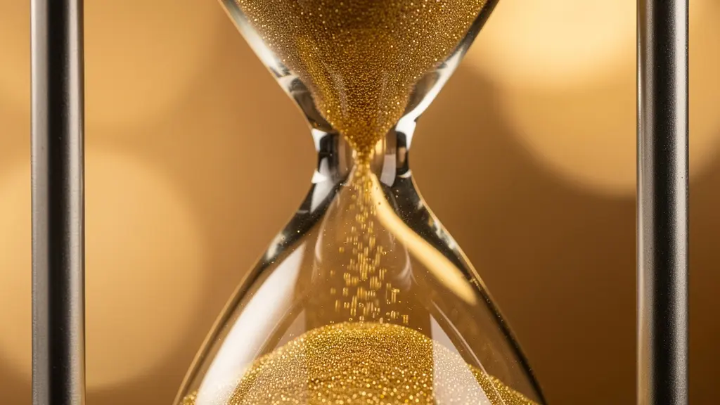 Vue macro d'un sablier élégant en verre et métal avec sable doré s'écoulant, symbolisant le timing parfait