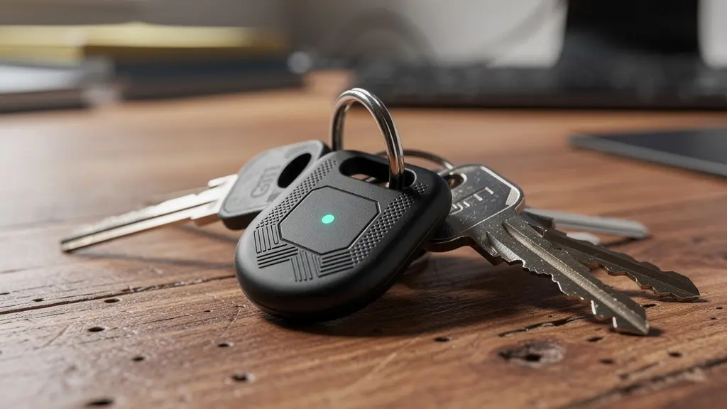 Gros plan sur un porte-clés tracker Bluetooth sur un bureau professionnel