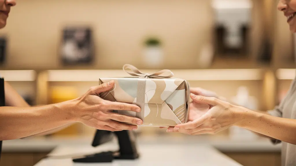 Moment de remise d'un cadeau d'entreprise lors d'une transaction en caisse