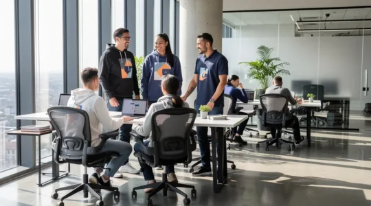 Professionnels portant des vêtements de marque discrets dans un environnement de bureau moderne