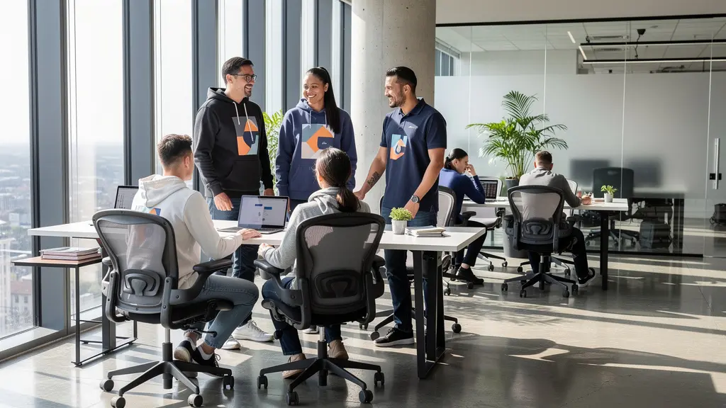 Professionnels portant des vêtements de marque discrets dans un environnement de bureau moderne