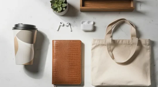 Kit de bienvenue professionnel avec objets personnalisés et documents d'intégration disposés avec élégance